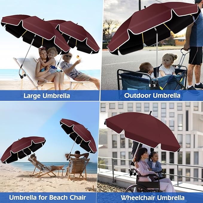 2Pack 48.8 inch Large Beach Umbrella with Clamp Sun Shade for Beach Chair 360°Adjustable UV Protection Golf Umbrella with Clip for Stroller Wheelchair Camping Chair