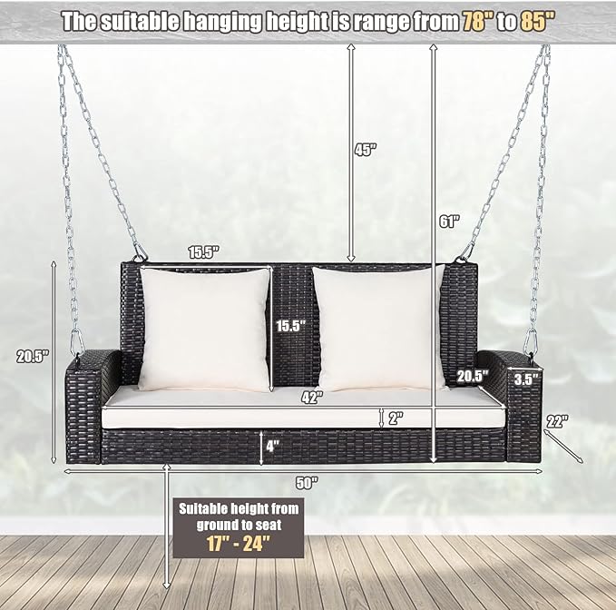 Tangkula 2-Person Wicker Porch Swing Patiojoy Outdoor Rattan Hanging Swing Bench W/ 2 Back Cushions &amp 1 Seat Cushion Sturdy Steel Chain 800lbs Weight Capacity