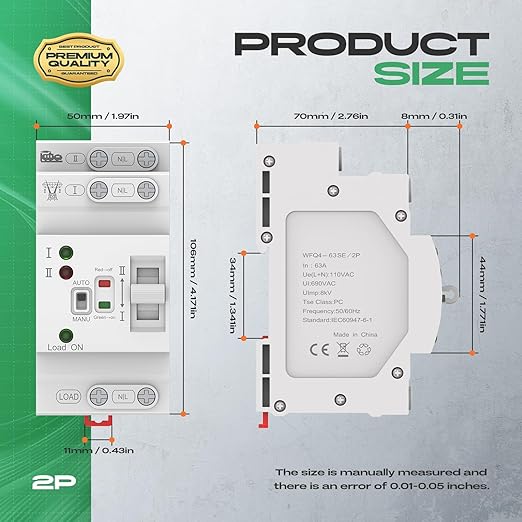 Mini Automatic Transfer Switch 2P 63A 110VATS Automatic/Manual DIN Rail Mount Dual Power Transfer Switch for Home Generator RVPublic/Backup Power Supply