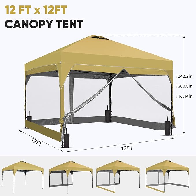 GDY 12x12 FT Pop Up Canopy Tent with One Push SetupSetup Gazebo with 4 PVC Transparent SidewallsEasy Carry for Events Parties Camping Khaki