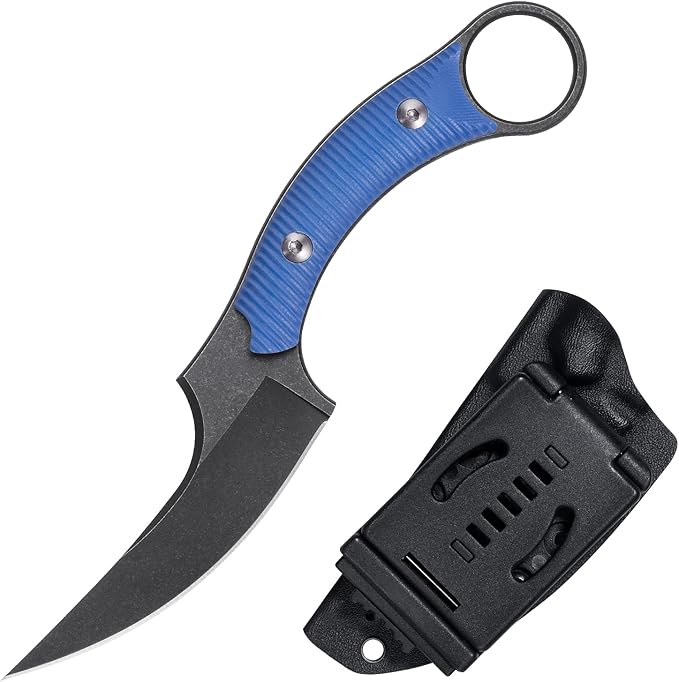 Fixed Blade Knife D2 Steel Blade and G10 Handle Utility Claw EDC Knife for Outdoor Survival Hiking Camping with Kydex Sheath OK1220 (Blue)