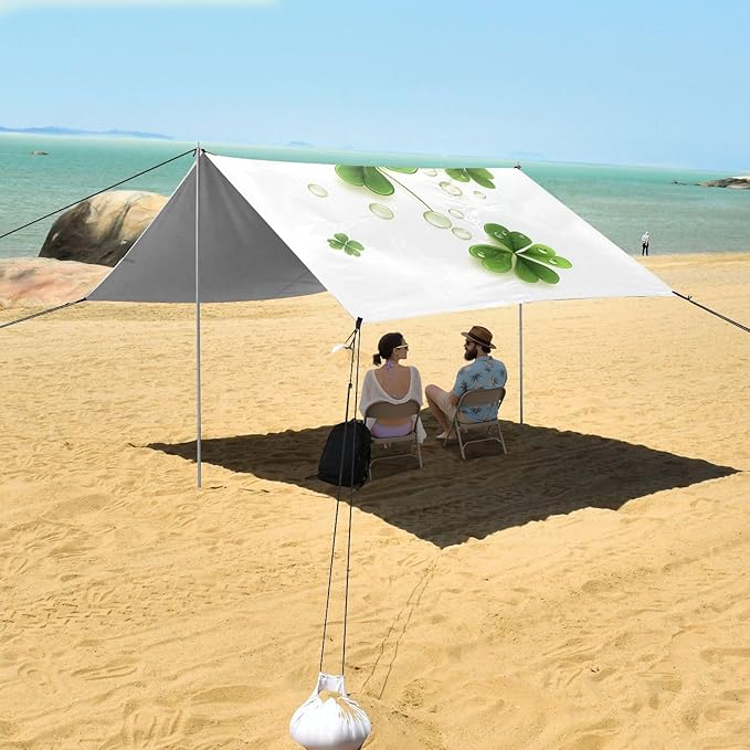 ALAZA St Patrick Day Shamrock Leaves and Glossy Drops Beach Tent Sun Shelter Portable Canopy Sunshade for Outdoor Camping Picnics Backyard Fun 10x9 ft