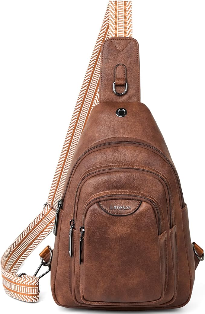 Leresas 10L Crossbody Sling Bag for Women Men Anti Theft Cross Body Fanny Pack Belt Bag Purse Gifts for Women Faux Leather Brown