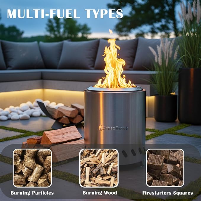 9.7 x 7.1 Inch Tabletop Fire Pit by AmazStove Low Smoke Camping Stove for Outdoor Safe Burning Firepits Fueled Pellets or Wood Travel Bag Included (Silver 9.7 x 7.1 INCH)