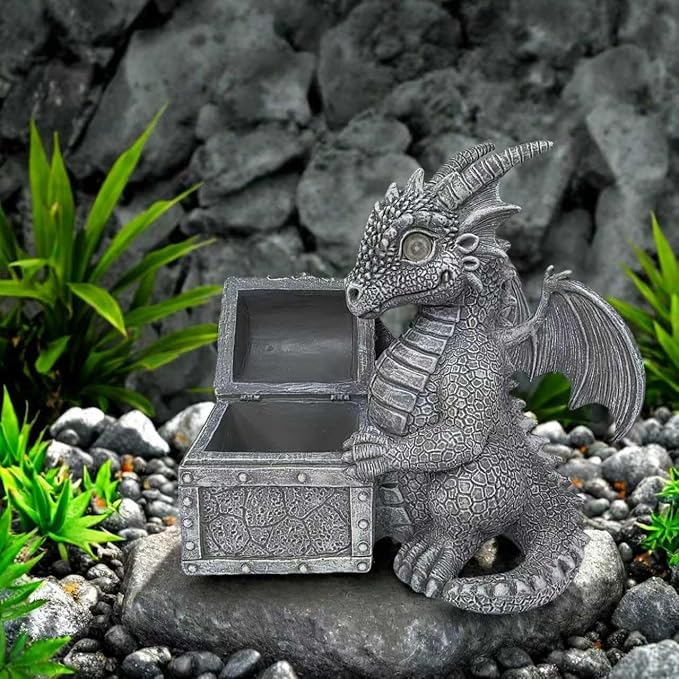 LED Solar Powered Dragons Opening Treasures Box Light Outdoor Atmosphere Decoration lamp Cute Resin Dragon Garden Landscape Lights.
