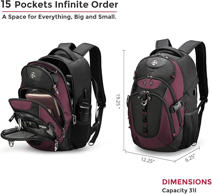 Swissdigital Design Laptop Backpack with USB Charging Port Travel Backpack Fits 15.6 inches Computer 31L College School Backpack for Women Angola red/Black | SD803-44