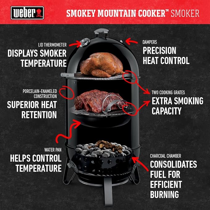 Weber Smokey Mountain Cooker 18-Inch Charcoal Smoker – Outdoor BBQ Smoker with Dual Cooking Grates Porcelain‑Enameled Kettle &amp Temperature Control Dampers