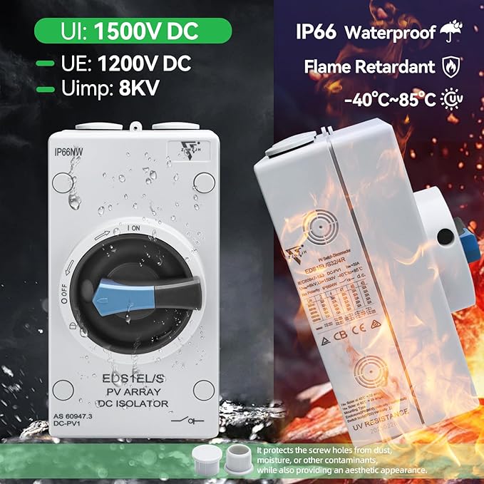 Waterproof IP66 Solar Disconnect Switch 4-Pole DC 1500 32 Isolator Solar Switch with Enclosure for Rooftop Solar Systems RVs and Boat Black