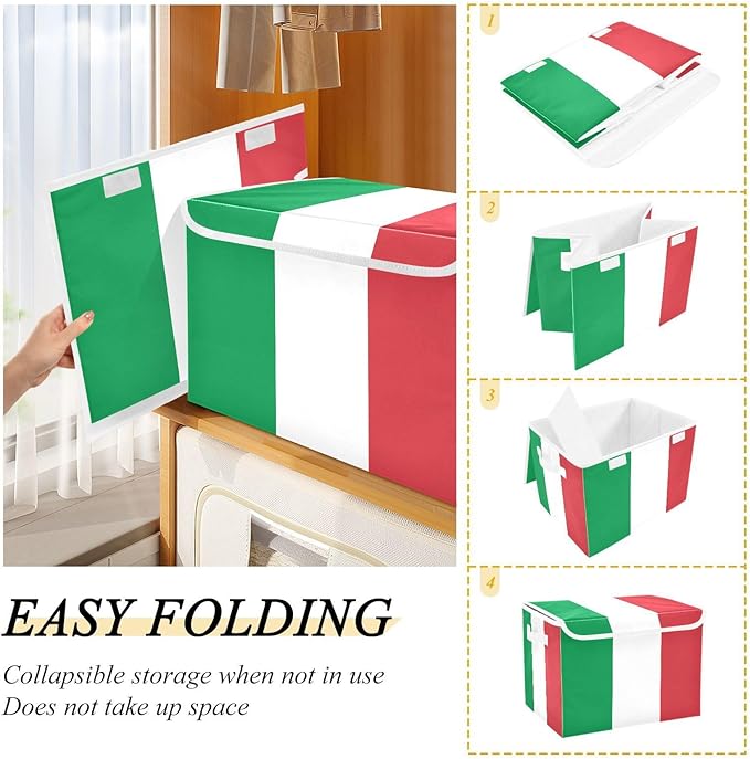 Italy Flag Green Red Storage Container with Lid Foldable Clothing Storage Containers for Organizing for School Supply