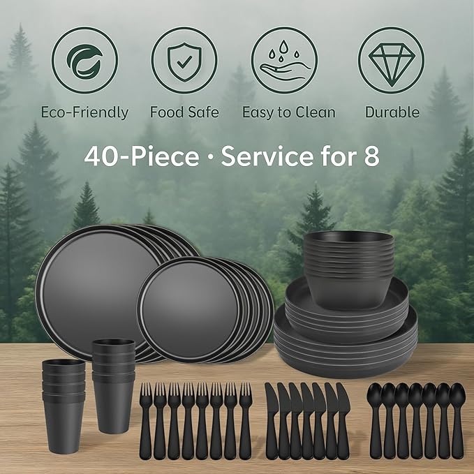 40 Piece Plastic Dinnerware Set for 8 with Cutlery Unbreakable Plates and Bowls Set Dishwasher &amp Microwave Safe Reusable Dish Set for Camping RV Outdoor Kitchen Apartment DiningRainbow Multi