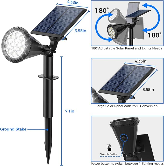 Solar Spot Lights Outdoor 4 Modes/6 Pack Solar Spotlights Waterproof 180° Adjustable Powered Landscape Lights Outdoor Solar Lights for Yard Garden Pathway Flag Tree Wall Statue Cool White