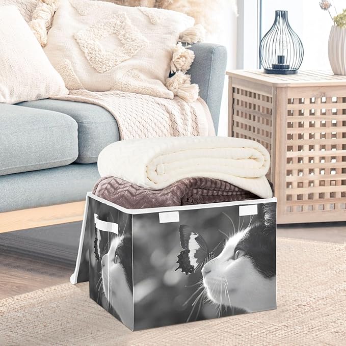 Storage Cube with Lid Cat with Butterfly Print 16.5×12.6×11.8 IN Collapsible Large Capacity Foldable Storage Basket Bin Organizer
