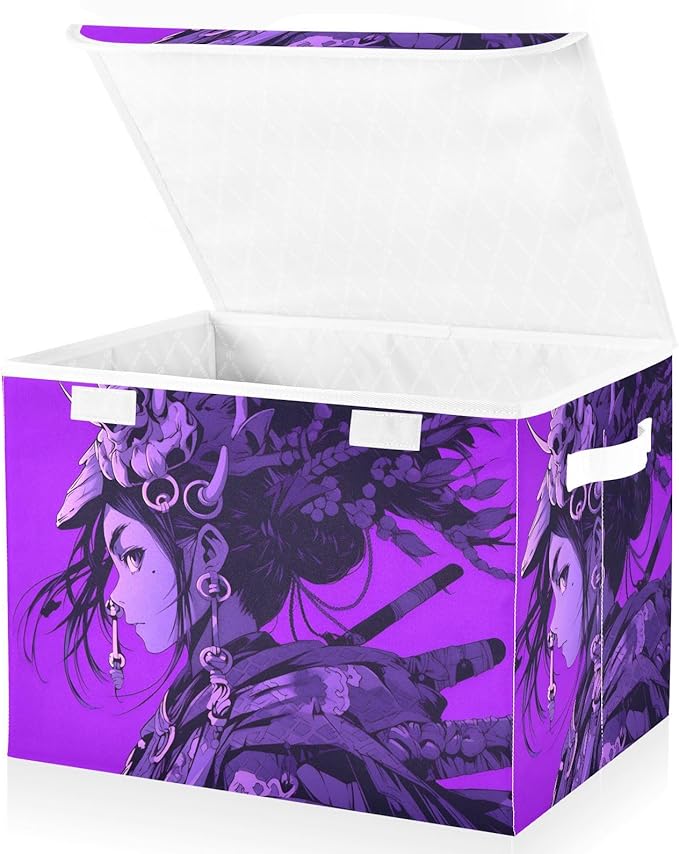 Cool Samurai Storage Cube Bins Basket with Lid Collapsible Flip-top Fabric with Handle for Home Bedroom Closet Office 16.5×12.6×11.8 in