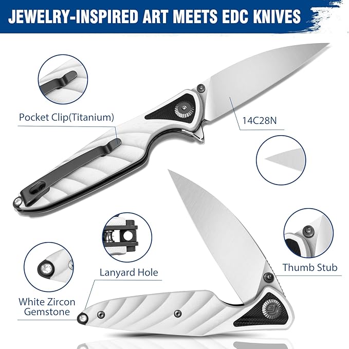 FINTISO Pocket Knife 3.15 Folding Knife Premium 14C28N Blade Bicolour White and Black G10 Handle Design with Liner Lock Pocket Clip for Men Women Small EDC Knife for Camping Hunting Hiking Survi