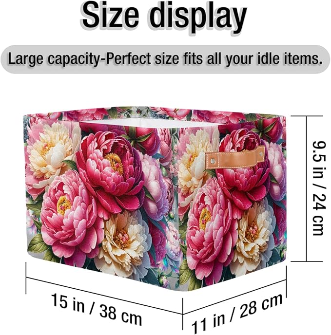 Pardick Basket Storage Bins Pink Flower Floral Rectangle Cube Basket Box Kids Girls Boys Toys Organizer Beaket Decor Foldable with Handle for Living Room Bedroom Closet Nursery Office Shelf Gifts