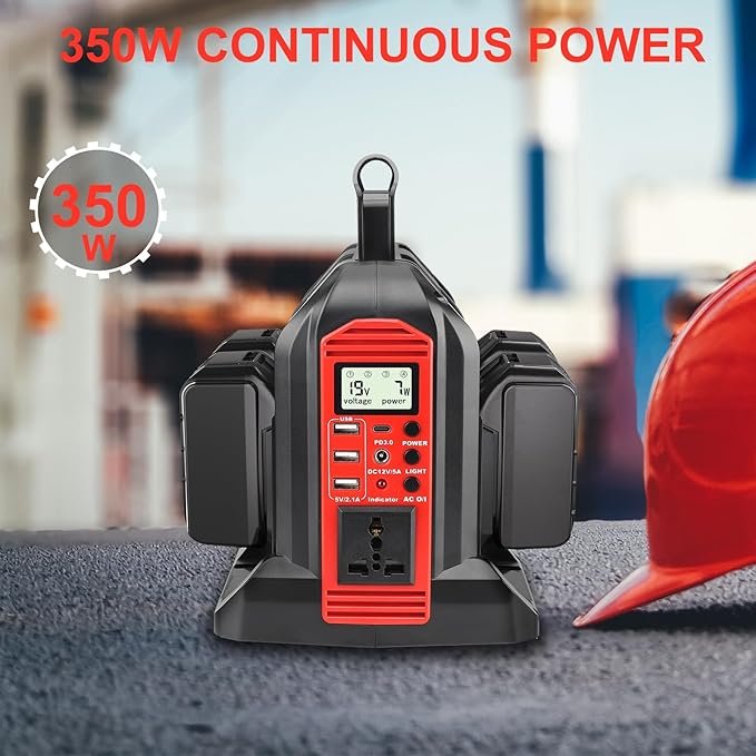 350W Inverter for Milwaukee 18V Li-ion Battery 4-Port 20V to 120V Pure Sine Wave Inverter with LED Light 3 USB-A Port 1 USB-C Port 1 DC Port Power Station for Outdoor Camping(No Battery)