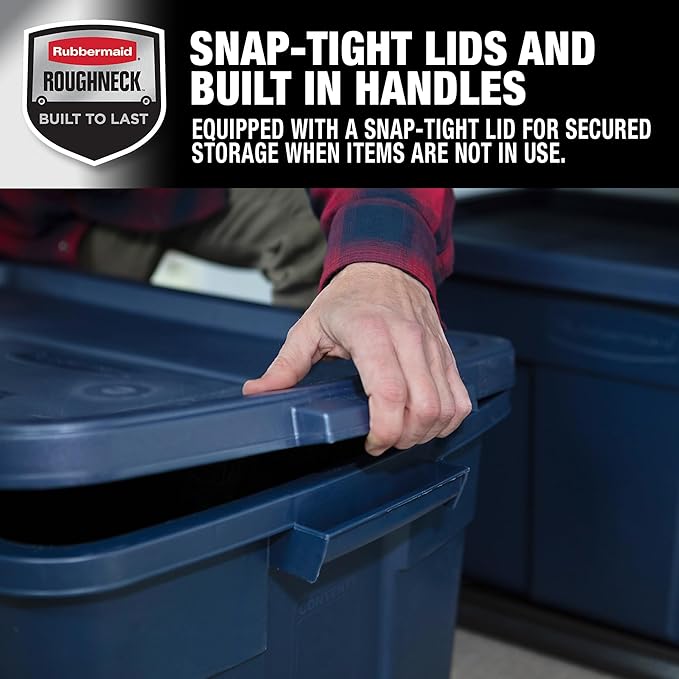 Rubbermaid Roughneck Tote 31 Gal 3 Pack Made in USA Dark Indigo Metallic Rugged Plastic Stackable Storage Bins with Lids and Handles