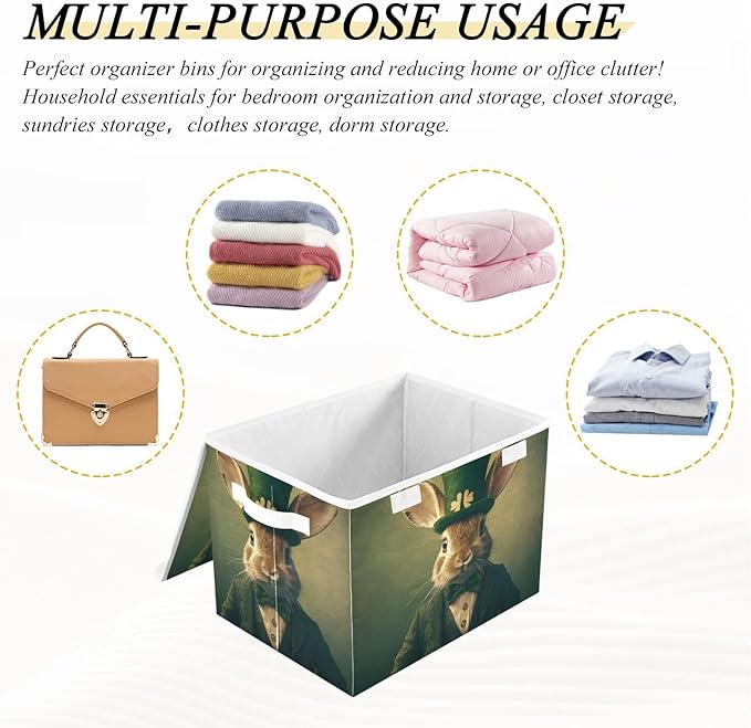 Storage Cube with Lid Saint Patrick’s Day Rabbit Print 16.5×12.6×11.8 IN Collapsible Large Capacity Foldable Storage Basket Bin Organizer