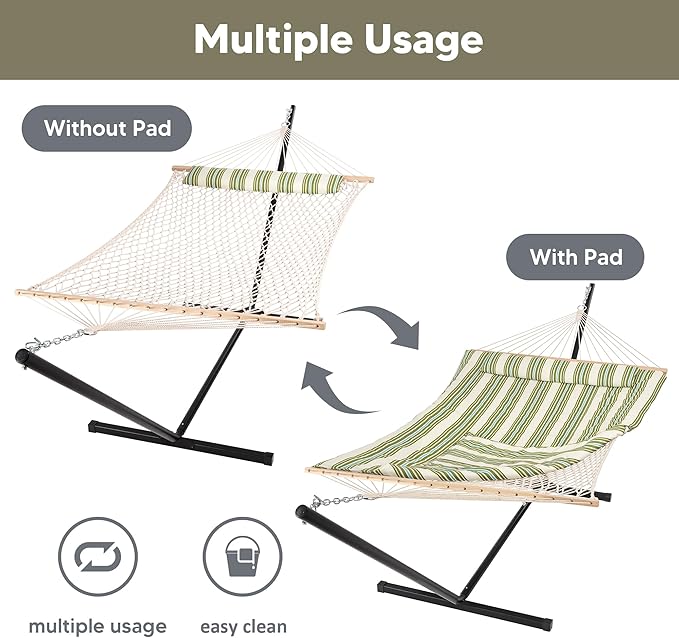 SUNCREAT Cotton Rope Hammock for Two People with Hardwood Spreader Bars Quilted Fabric Pad &amp Detachable Pillow Extra Large Hammock with 12 FT Steel Stand Ipad Bag &amp Cup Holder Green&ampBe