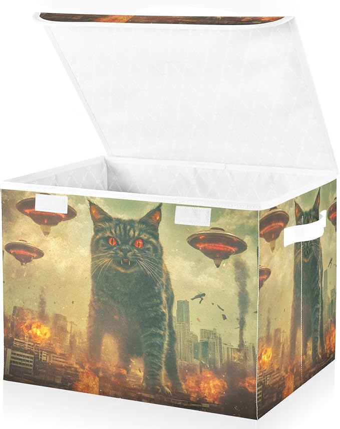 AIXIWAWA Lidded Storage Cube (Cat Monster) Fabric Foldable Closet Bins with Flip Lid and Handles Organizer Basket Container 16.5 x 12.6 x 11.8 IN