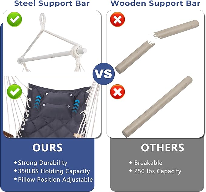 Hammock Chair Hanging Swing with Wooden ArmrestSteel Spreader BarPillowsHardware kit IncludedCotton Woven FabricUp to 350 Lbsfor Indoor or Outdoor