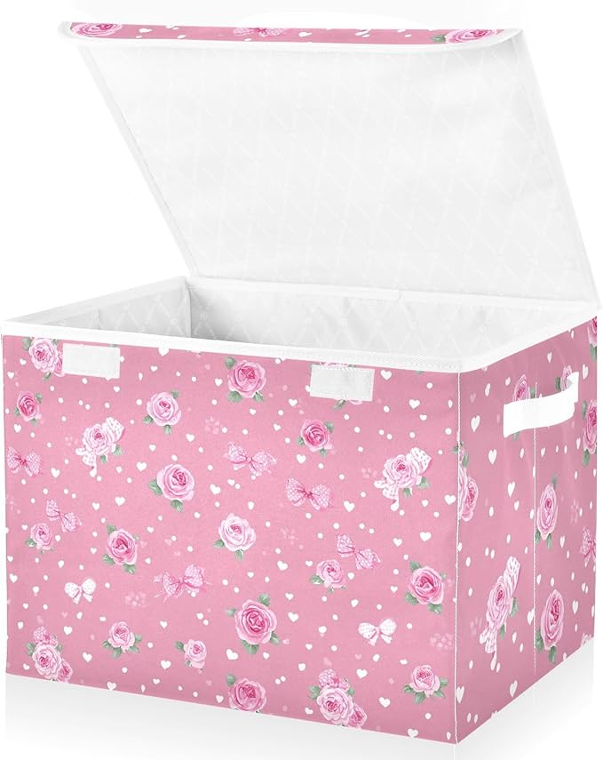 Pink Valentine Heart Roses Bows Storage Box with Lid 1 PC Foldable Storage Bin with Lids Stackable Storage Bins Cube Closet Organizer Basket with Flip-Top Lid &amp Handles for Shoes Books Towels