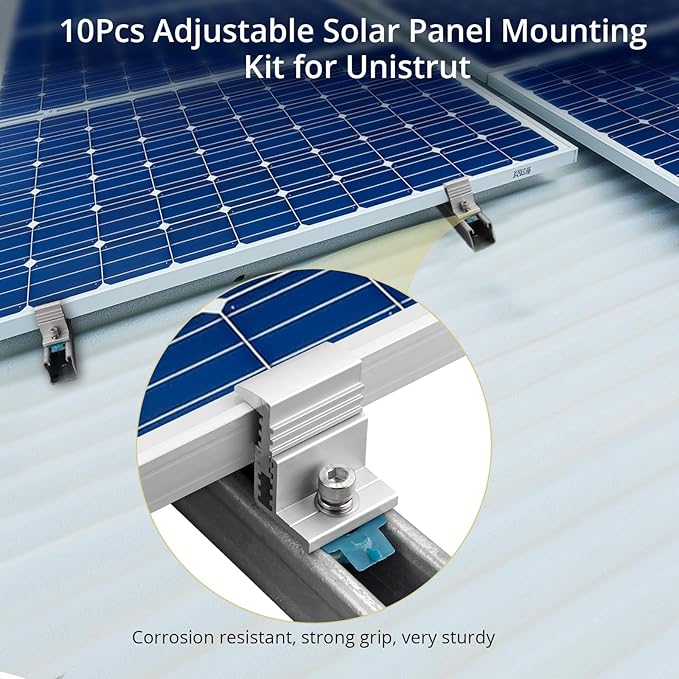Anbte 10pcs Adjustable Solar Panel End Clamp for Unistrut 30-50mm Aluminum Solar Panel Mounting Brackets with Nuts Bolts and Wrench for Metal Roof Tin Roof Flat Roof Sheet Roof RV Silver