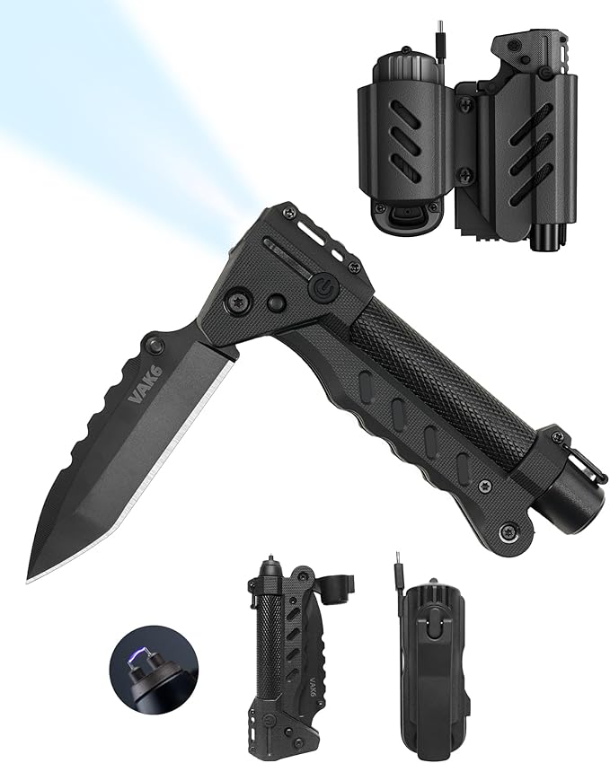 sayram Survival Multi Tool - 4-in-1 Tactical Knife Rechargeable Flashlight Pulse Arc Lighter Hand Crank Generator for Emergency Camping &amp Outdoor (Belt Sheath Included) (Black)
