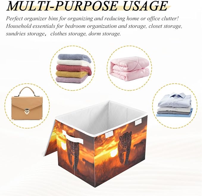 Storage Cube with Lid Sunset Lion Print 16.5×12.6×11.8 IN Collapsible Large Capacity Foldable Storage Basket Bin Organizer
