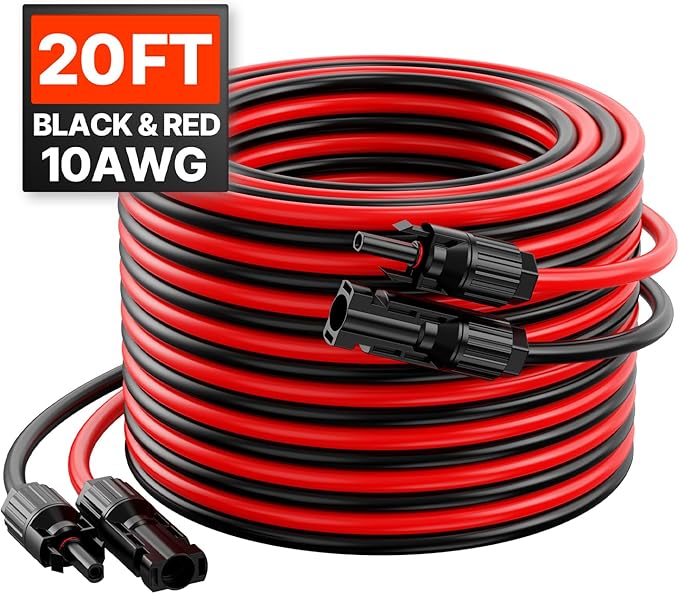 VEVOR 20FT Solar Panel Extension Cable 10AWG Solar Extension Cable Wire with Female &amp Male Waterproof Connectors 6mm² PV Cable for Home Ship and RV Solar Panels 20FT Black + 20 FT Red (Set of