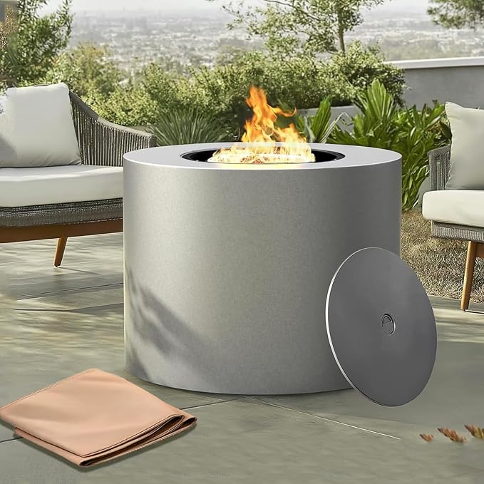 32 Smokeless Propane Fire Pit Table w/Lid Alloy Steel Round Outdoor Patio Firepit Table 50000 BTUs Lava Rocks Weatherproof Cover CSA Safety Certified for Wooden Deck Backyard and Pool