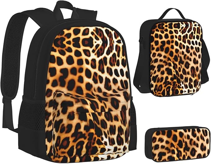 3pcs Backpack Sets Leopard Animal Print Printed Backpacks Set With Lunch Bag Pencil Pouch