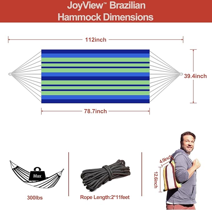 JoyView Brazilian Hammock for Single Person Portable Hammock with Hanging Ropes &amp Carry Bag Large 78.8x39.4” for Patio 300LBS Capacity Perfect for Outdoor/Indoor - Blue Stripes