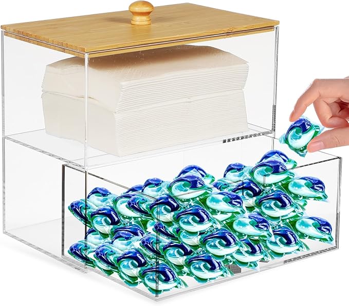 SOLUSTRE Laundry Pod Container Drawer with Lid Acrylic and Cover 1-Drawer Storage Box 175X115X165Mm for Laundry Room Organization and Dryer Sheet Storage