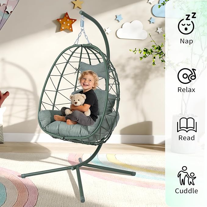 Hanging Egg Chair with Stand Outdoor Indoor Patio Rattan Swing Hammock Chairs with Washable Cushion PE Wicker Swing Chair for Backyard Bedroom Garden (Dark Green + Dark Green Cushion No Footrest)