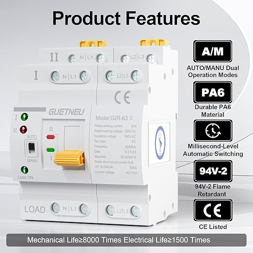 ATS Dual Power Automatic Transfer Switch 4P 63A 110V Manual Transfer SwitchUninterruptible Millisecond-Level ATS 50/60 Hz White CE