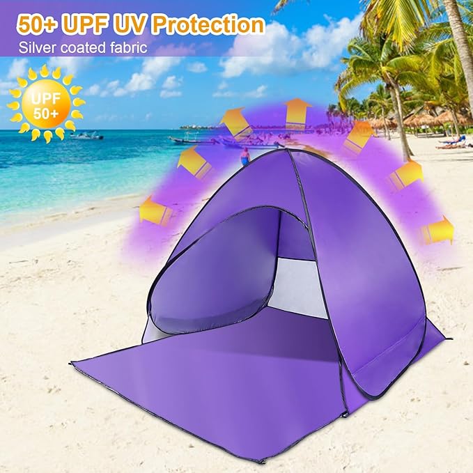 KOCASO Pop Up Beach Tent Sun Shade Shelter - UV Protection &amp Waterproof Sun Shade Shelter with Net Window and Storage Bag - Ideal for Beach Camping Fishing and Outdoor Activities Purple