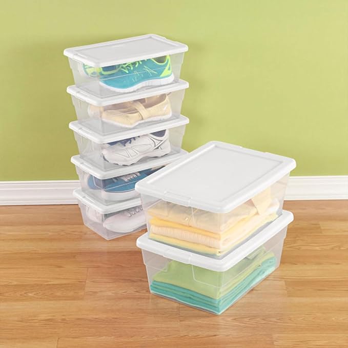 Sterilite 12-Pack 6 Quart Storage Boxes Stackable Clear Plastic Bins with Snap-On Lids – Heavy-Duty Organizing Containers for Closet Bathroom and Office