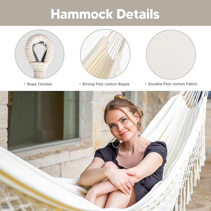 SUNCREAT Portable Outdoor Hammock with Stand Included Double Hammock with Tassel for Outside Beige