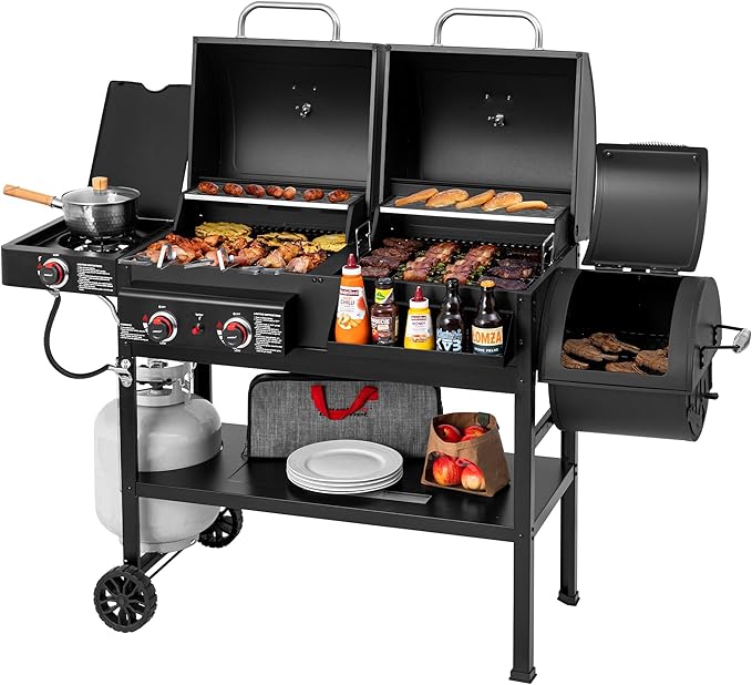 2-Burner Gas and Charcoal Grill Combo with Offset Smoker &amp Side Burner 34000 BTU Dual Fuel Grill 1020 Sq. In. Cooking Area Ideal for Outdoor Cooking Black ZH3005Y-SC