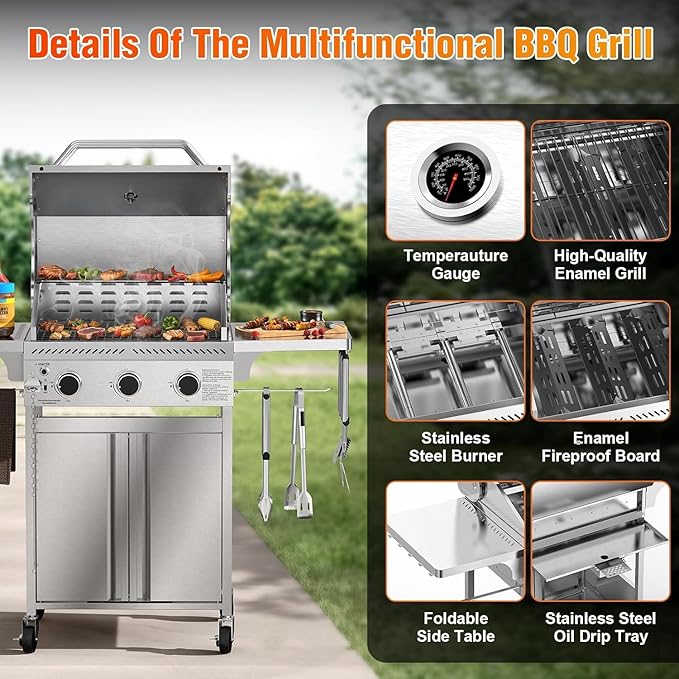 Electactic Propane Gas Grill 3-Burner 24000 BTU Stainless Steel BBQ Grill with Foldable Shelf for Outdoor Barbecue and Cooking