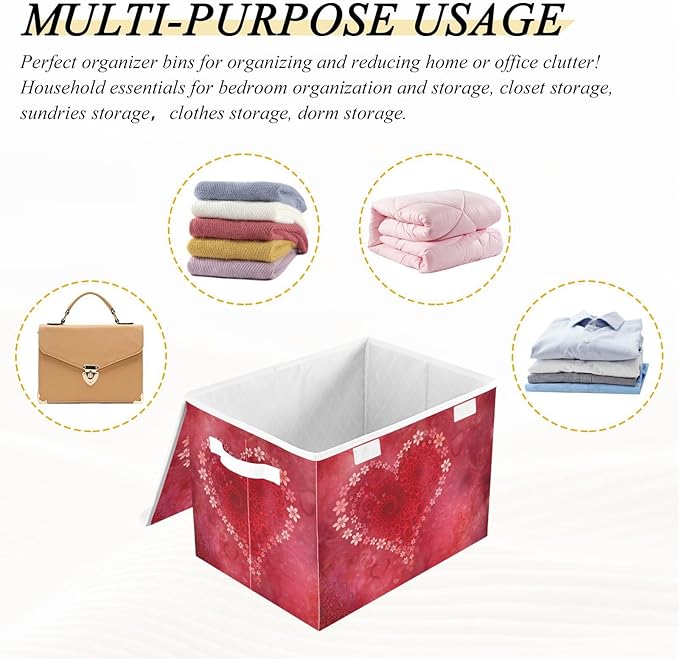senya Valentines Storage Baskets Collapsible Storage Bins with Lids Floral Heart Storage Boxes Clothes Baskets for Organizing