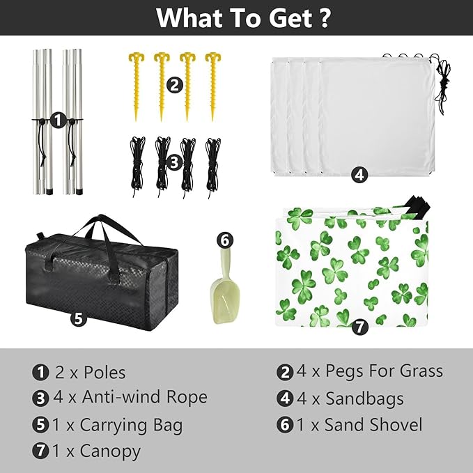 St Patrick's Day Clovers Beach Tent Sun Shelter Set UPF50+ UV Protection 10.5 x 9.19 FT Camping Shade Canopy with Sandbags Sand Anchors Carrying Bag and Others