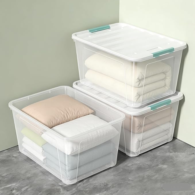 4-Pack 85 Quart Plastic Storage Bin Stackable and Nestable Storage Boxes with White Lids and Secure Latching Buckles Large Storage Container