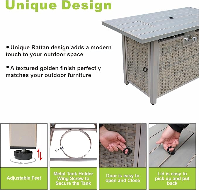 30 Round Propane Fire Pit Table - 50K BTU with Lid Rocks Tank Storage and Cover - Round Gas Fire Pits for Outside Patio - Outdoor Table with Firepit (Brown 43 Rectangular)