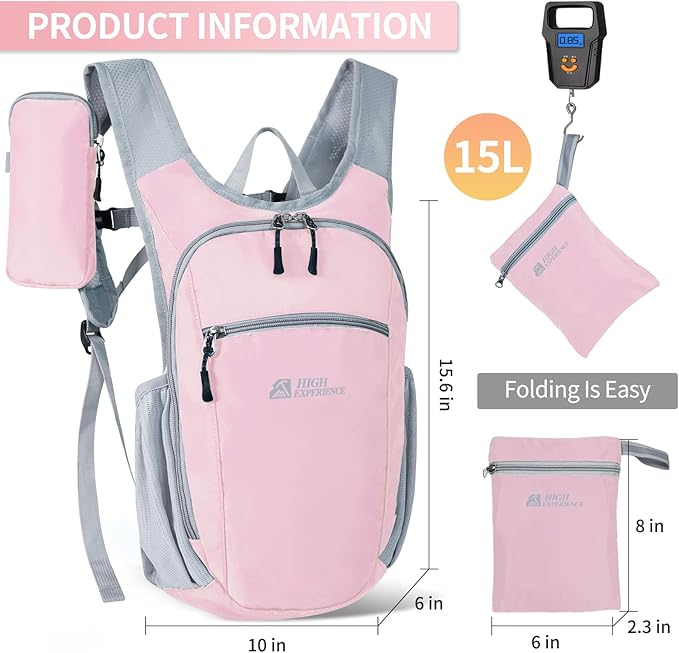 Hiking Backpack 10L/15L Small Daypack Lightweight Packable Travel Foldable Water Resistan for Women Men (Pink 15L)