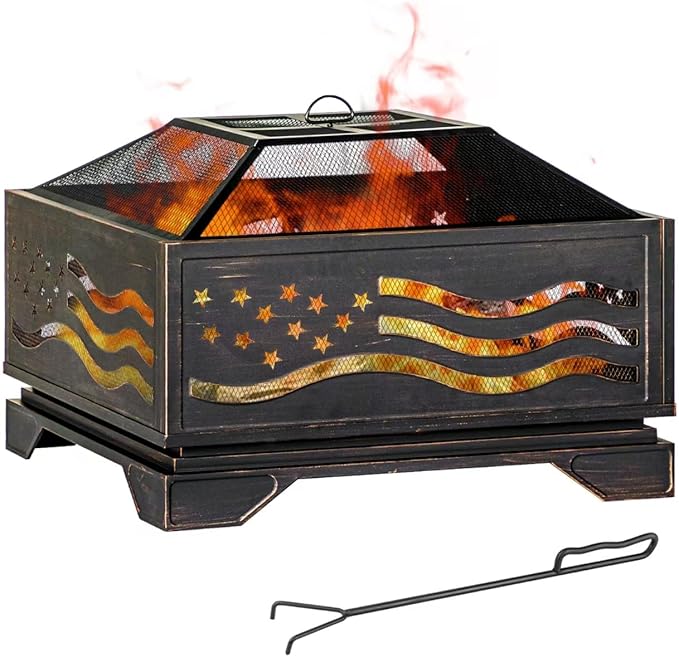 Verdeluxe 32Inch Square-Shaped Fire PitOutdoor Fire Pits with Spark Screen&ampPokerMetal Square Wood Burning Firepits for OutsideBackyardBonfirePatioPartyGardenPicnic and Camping(Antique Bron