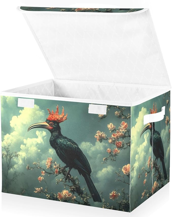 AIXIWAWA Lidded Storage Cube (Surreal Bird) Fabric Foldable Closet Bins with Flip Lid and Handles Organizer Basket Container 16.5 x 12.6 x 11.8 IN