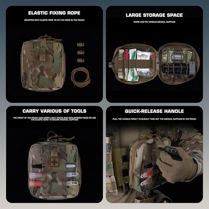 Tactical Camo IFAK Pouch MOLLE Medical Organizer with Elastic Storage Board Front Tool Slots and Rear Shear Pocket Attaches to Vest Belt or Backpack
