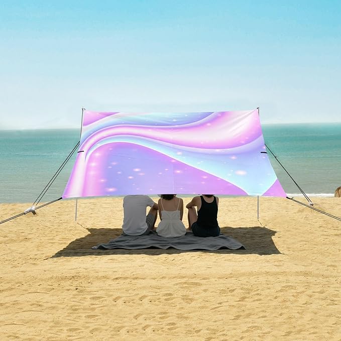 Beach Canopy with Windproof Ropes &amp Sandbags Beach Tent Sun Shade Sun Shelter for Camping Trips Fishing Backyard Fun or Picnics Purple Texture